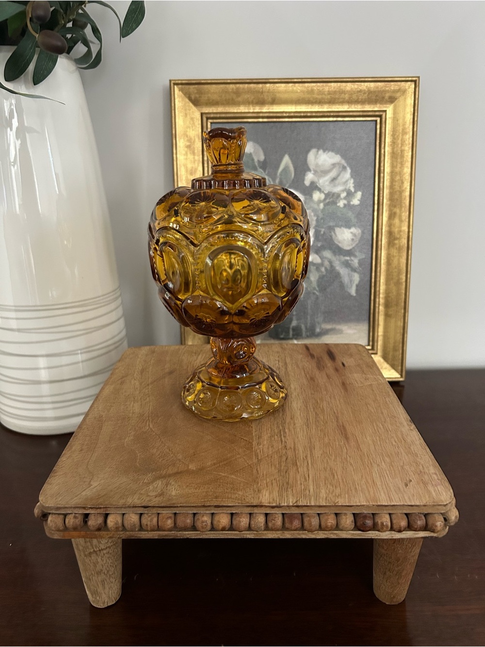 Vintage LE Smith Moon & Stars Amber Glass Pedestal Compote Candy Dish